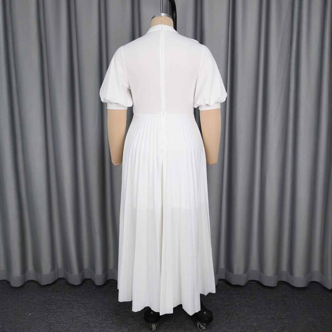 Damen elegantes Maxikleid mit plissiertem Rock und modischem Schlüssel-Ausschnitt R&B