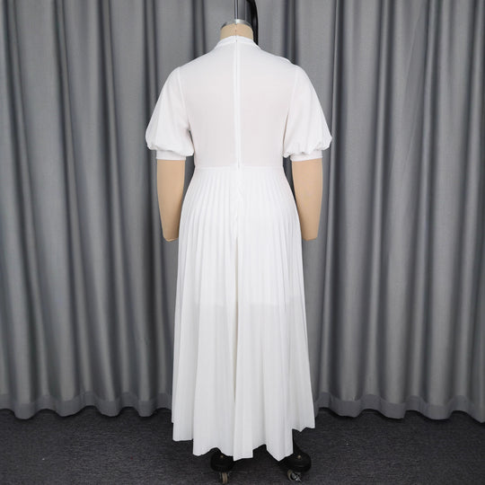 Damen elegantes Maxikleid mit plissiertem Rock und modischem Schlüssel-Ausschnitt R&B