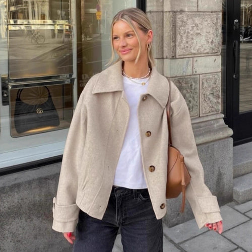 Damen modische Wolljacke mit lässigem Schnitt und Knopfdetails R&B