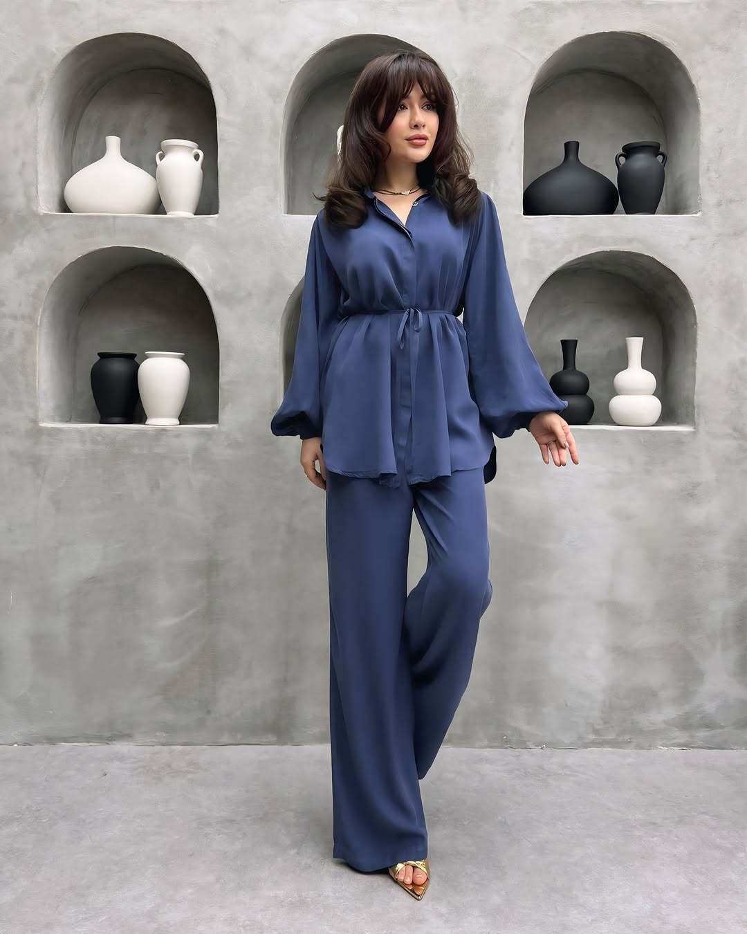Damen elegantes Set mit langer Bluse und weitem Hosen R&B