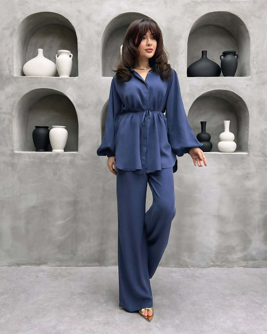 Damen elegantes Set mit langer Bluse und weitem Hosen R&B