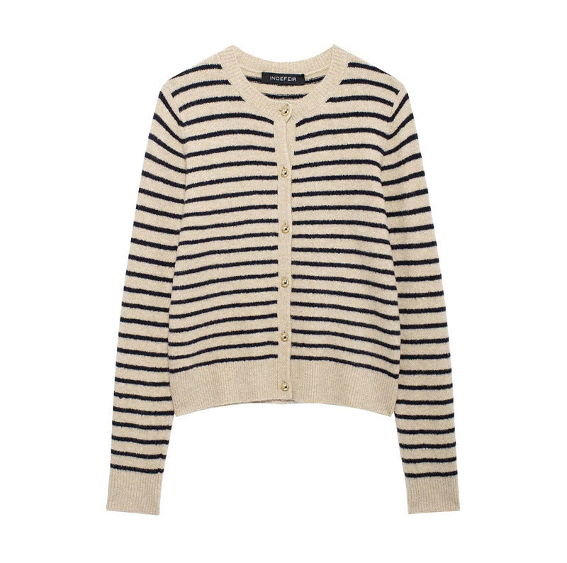 Damen gestreifte Strickjacke mit goldenen Knöpfen und modischem Schnitt R&B
