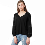 Damen luftige Bluse mit V-Ausschnitt und Spitzenbesatz