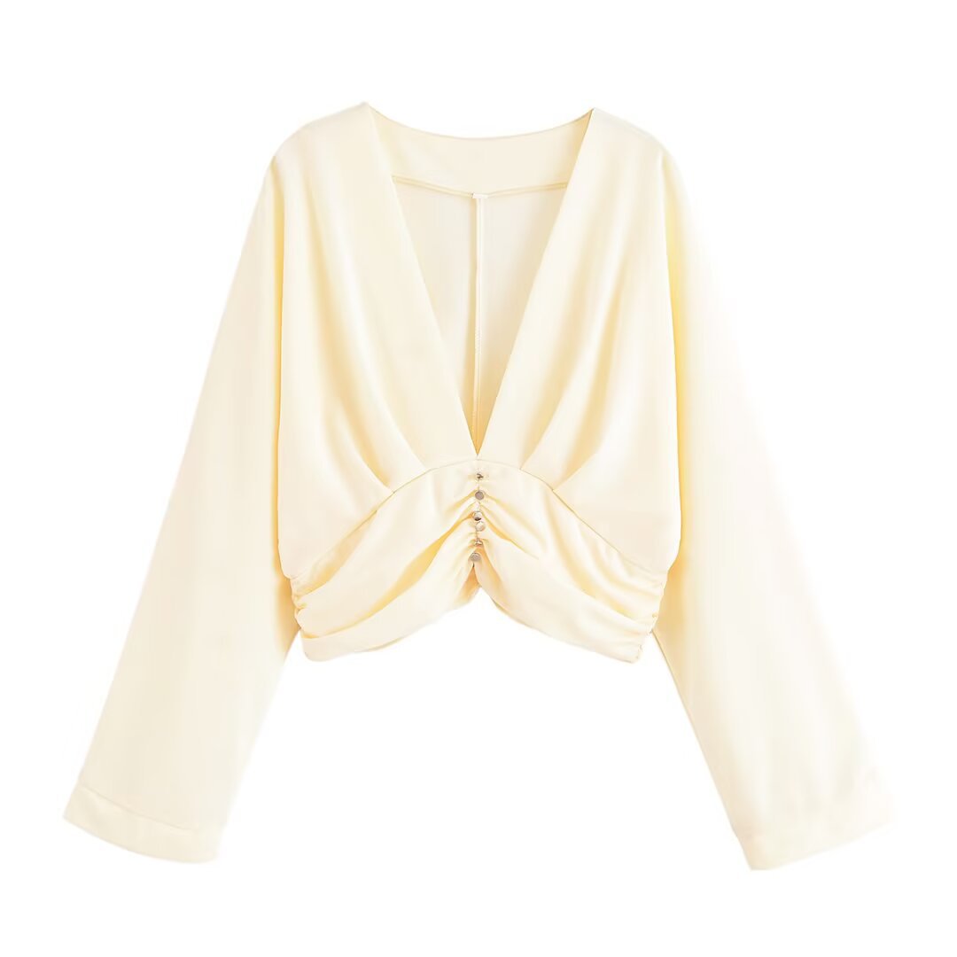Damen legeres Blusenshirt mit Raffung und tiefem V-Ausschnitt R&B