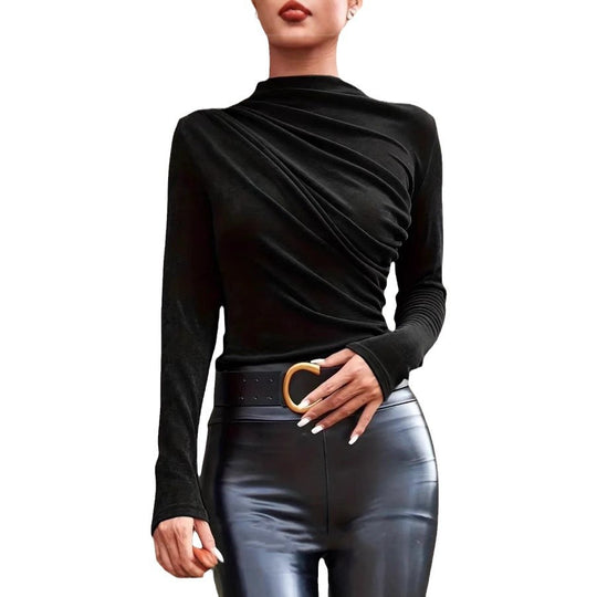 Damen elegantes Langarmshirt mit luxuriösem Drapierungsdesign und schickem Stehkragen R&B