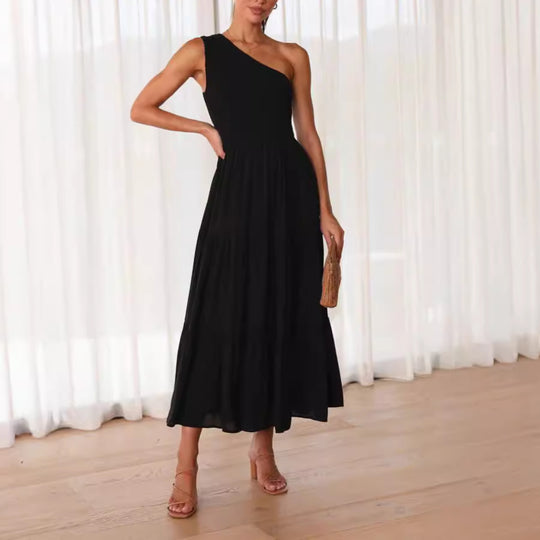 Damen Elegantes One-Shoulder-Maxikleid mit fließendem Rock R&B