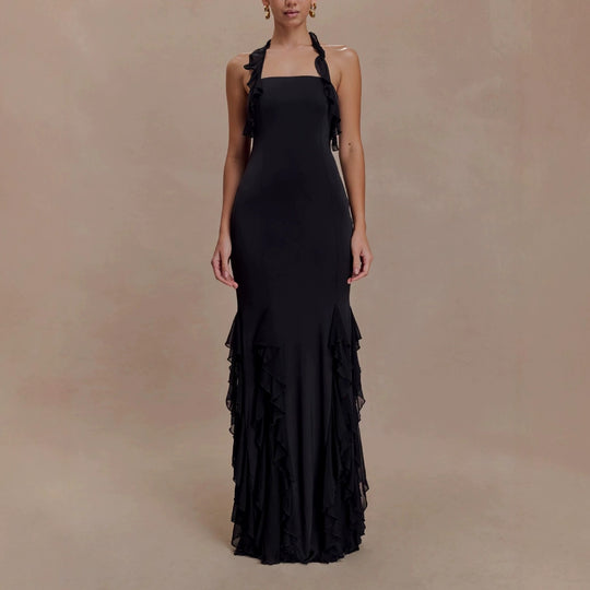 Damen Elegantes Langarm-Maxikleid mit Rüschendetails R&B
