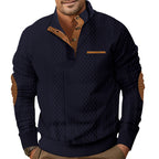 Herren nan strukturiertes Halbknopf-Pullover mit gesteppter Oberfläche, Ellbogen-Patches und Stehkragen R&B
