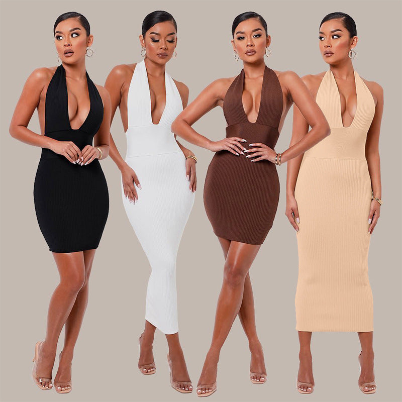 Damen figurbetontes Strickkleid mit tiefem Ausschnitt und schmalem Schnitt