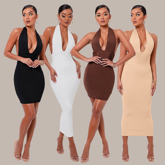 Damen figurbetontes Strickkleid mit tiefem Ausschnitt und schmalem Schnitt R&B