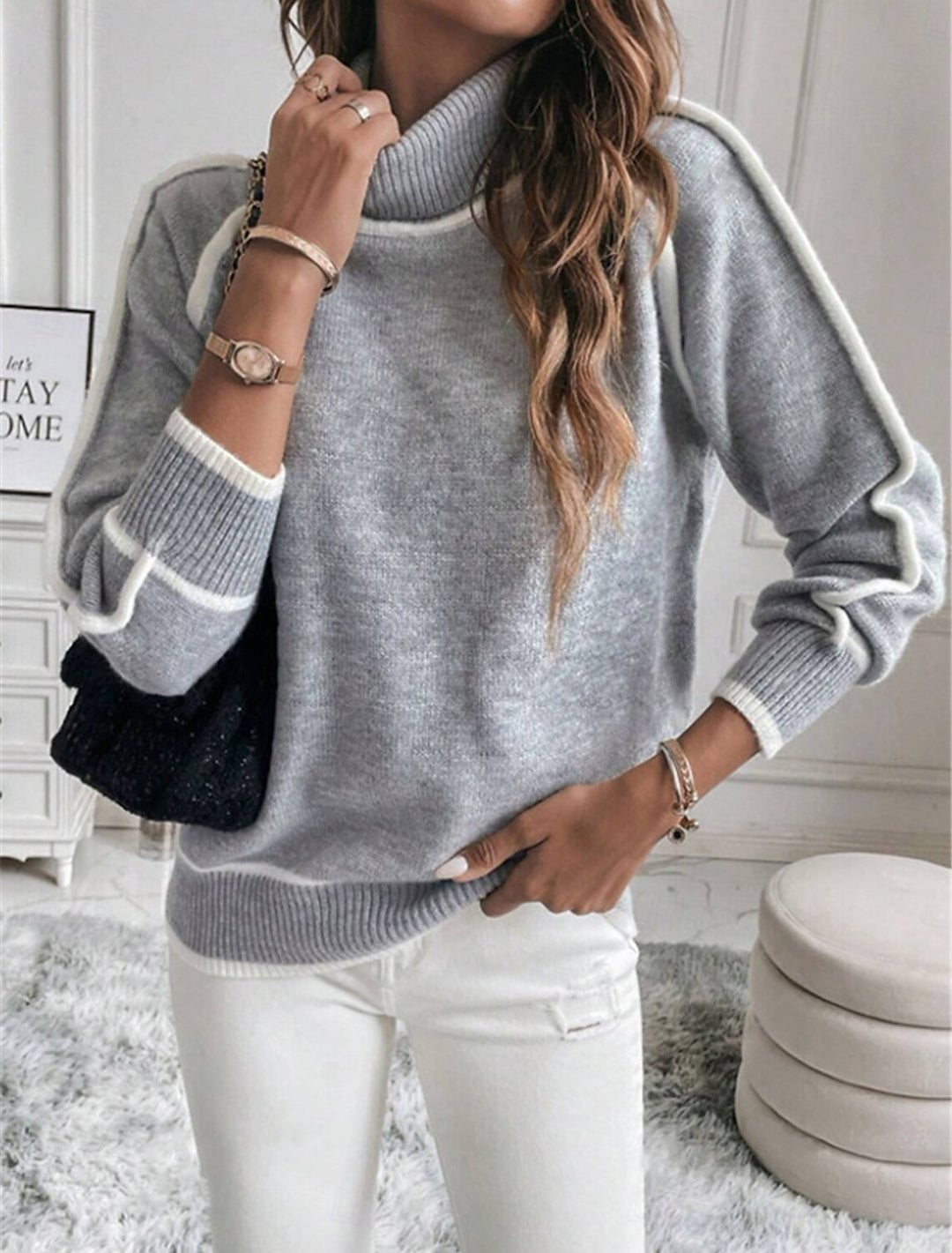 Damen Eleganter Rollkragenpullover mit Strukturierter Strickoberfläche und Farblich Abgesetzten Akzenten R&B
