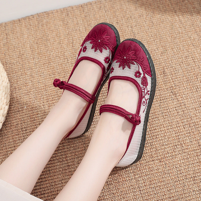 Damen Ballerinas mit handbesticktem Blumendesign und elastischem Riemen