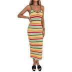 Damen Strick-Kleid im lässigen Streifenmuster mit schmalen Spaghetti-Trägern R&B