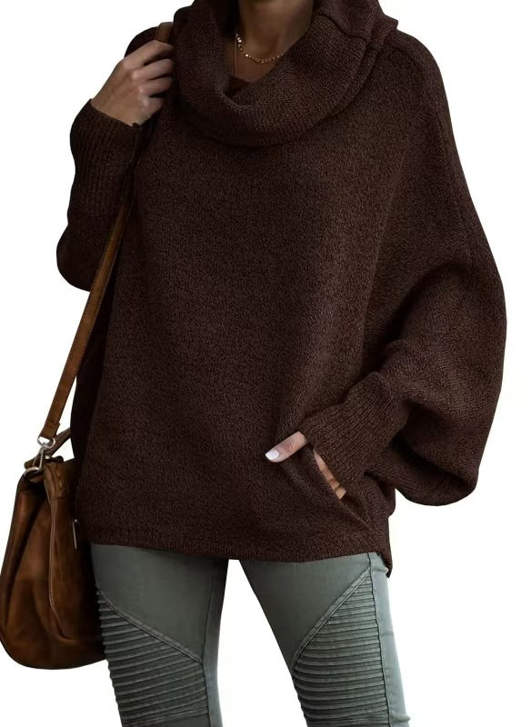 Damen lässiger Strickpullover mit weichem Stehkragen und weit geschnittenen Ärmeln R&B