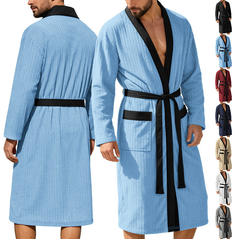 Herren nan wadenlanger Rippen-Bademantel im Kimono-Stil mit Schalkragen und Kontrastpaspel R&B