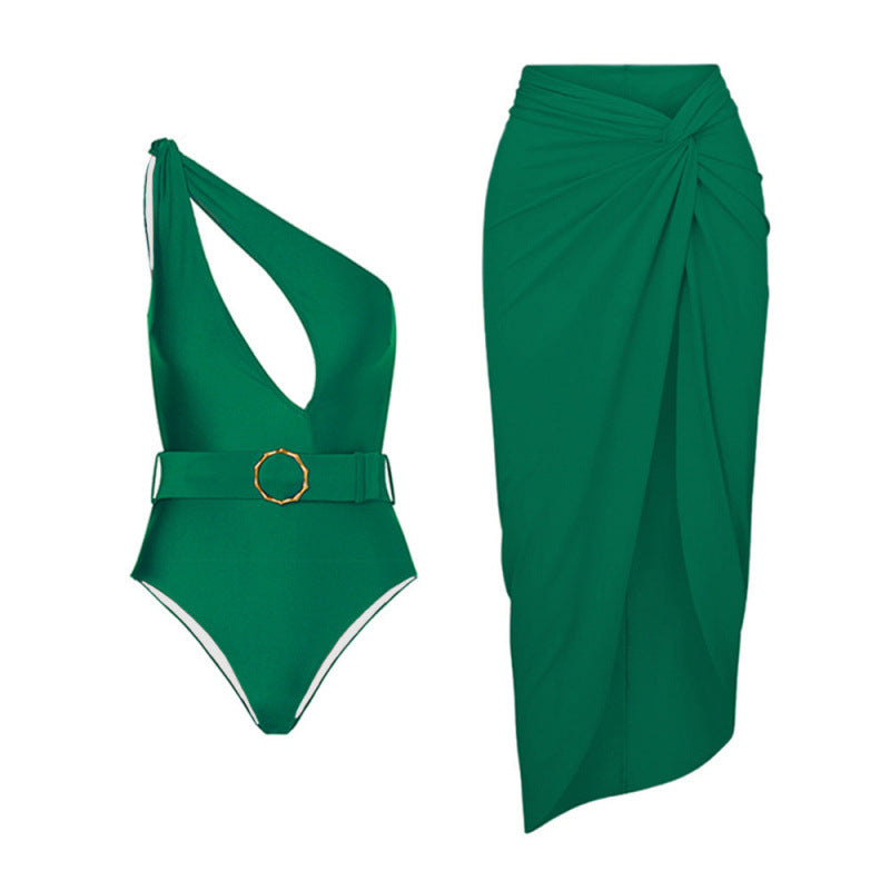 Damen Einteiliger Badeanzug mit asymmetrischem Schnitt und Wickelrock R&B