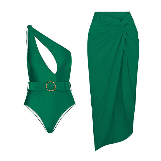 Damen Einteiliger Badeanzug mit asymmetrischem Schnitt und Wickelrock R&B