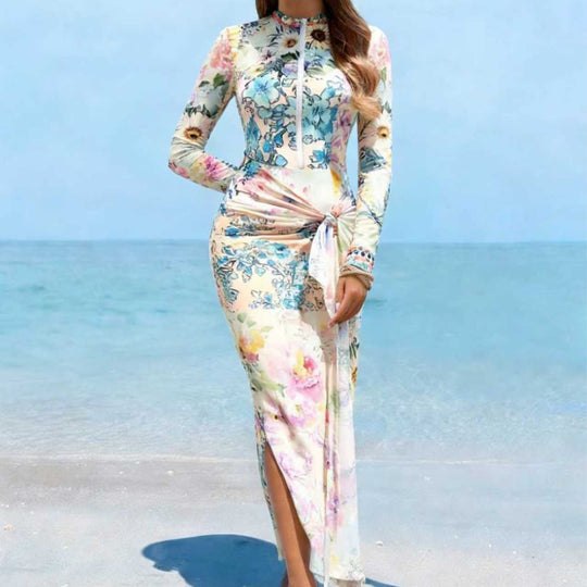 Damen Elegantes Langarm-Strandkleid mit floralem Design R&B