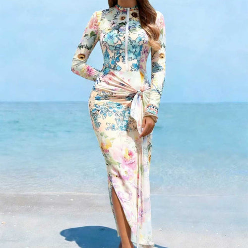 Damen Elegantes Langarm-Strandkleid mit floralem Design R&B