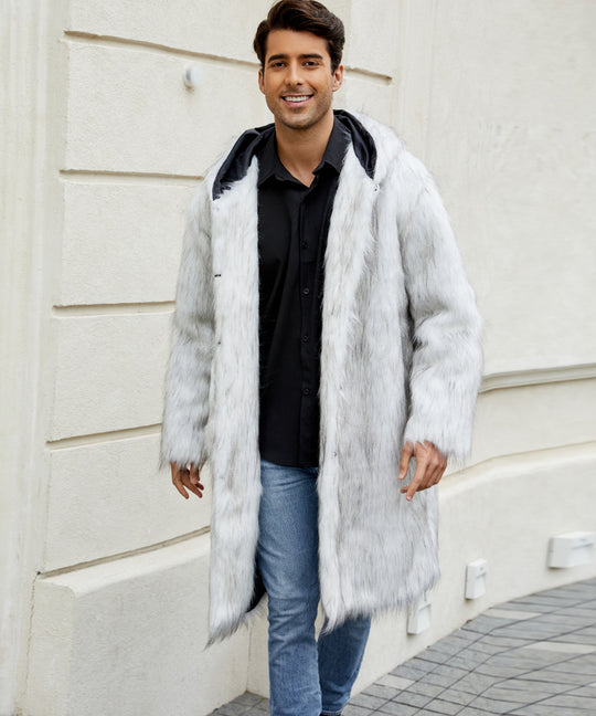 Herren Luxuriöser Kunstfellmantel mit Kapuze R&B