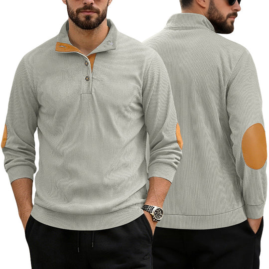 Herren nan lässiger Strukturpullover mit Polokragen, kurzer Knopfleiste und veganen Lederbesätzen R&B