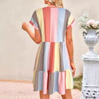 Damen lässiges Sommerkleid im modernen Streifendesign mit V-Ausschnitt und Volant R&B