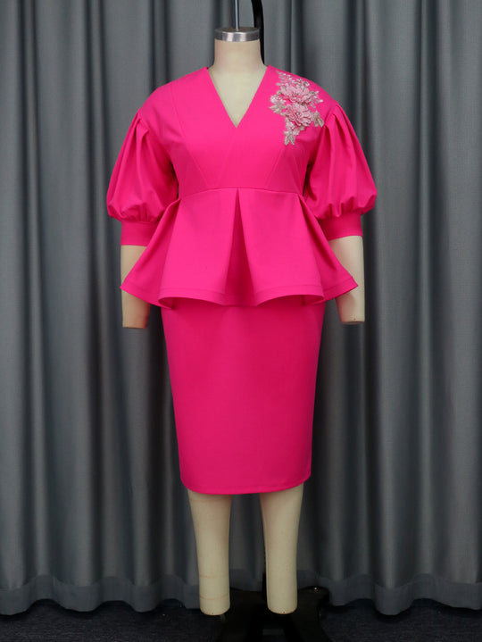 Damen elegantes A-Linien Kleid mit modischen Puffärmeln und floralem Akzent R&B
