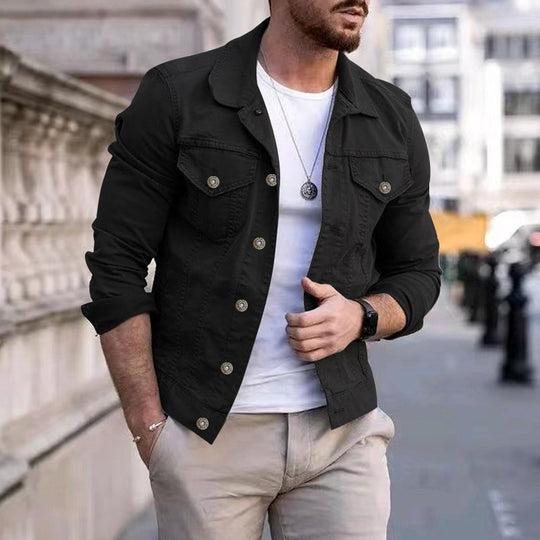 Herren nan taillierte Jeansjacke im Trucker-Stil mit Brusttaschen und Metallknöpfen R&B