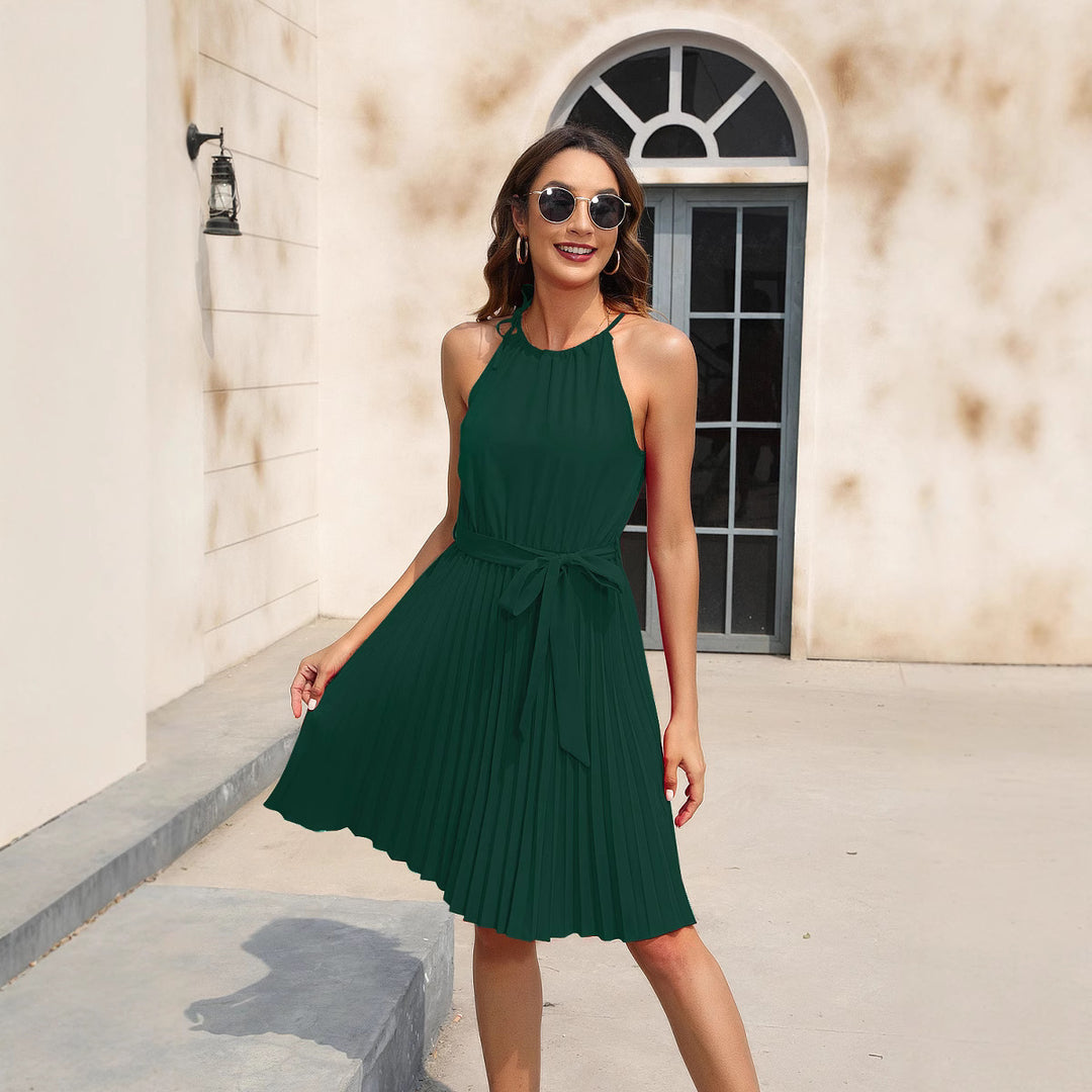 Damen Plissiertes Sommerkleid mit tailliertem Gürtel und Halterneck R&B