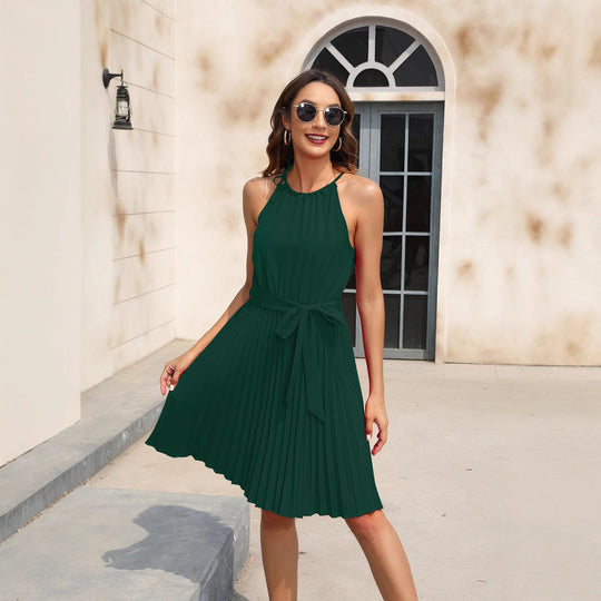 Damen Plissiertes Sommerkleid mit tailliertem Gürtel und Halterneck R&B