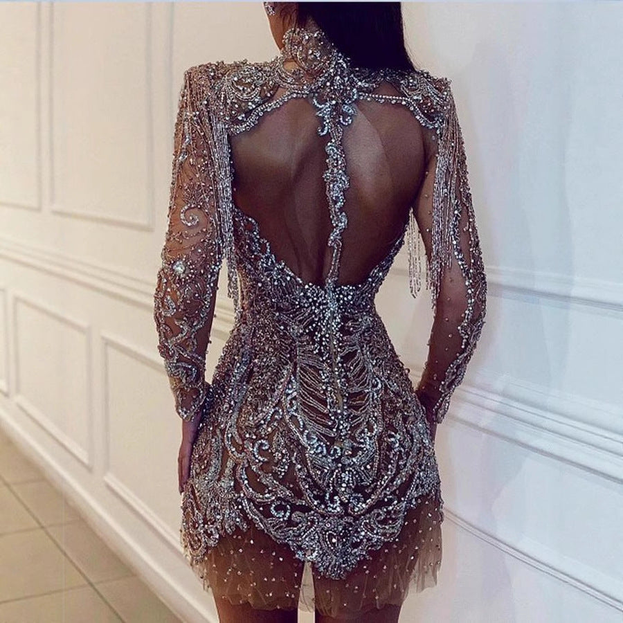 Damen Glamouröses Minikleid mit funkelnden Pailletten und aufregenden Fransen R&B