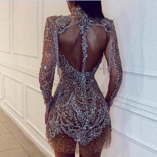 Damen Glamouröses Minikleid mit funkelnden Pailletten und aufregenden Fransen R&B