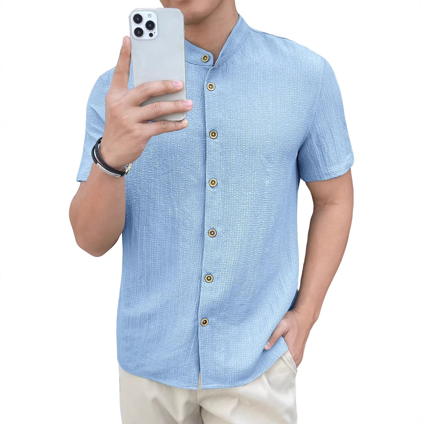 Herren nan leichtes Knitterstruktur-Überhemd mit umgeschlagenen Ärmeln entspannter Overshirt-Silhouette R&B