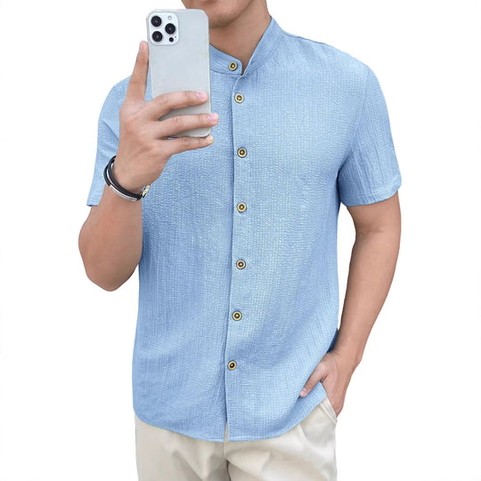 Herren nan leichtes Knitterstruktur-Überhemd mit umgeschlagenen Ärmeln entspannter Overshirt-Silhouette R&B