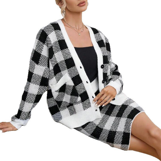 Damen Karierter Cardigan mit Taschen R&B