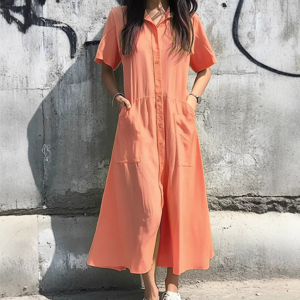 Damen Hemdkleid mit Taschen und knöpfbarem Design R&B