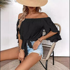 Damen Off-Shoulder-Bluse mit Rüschendetails und Taillenbindung R&B