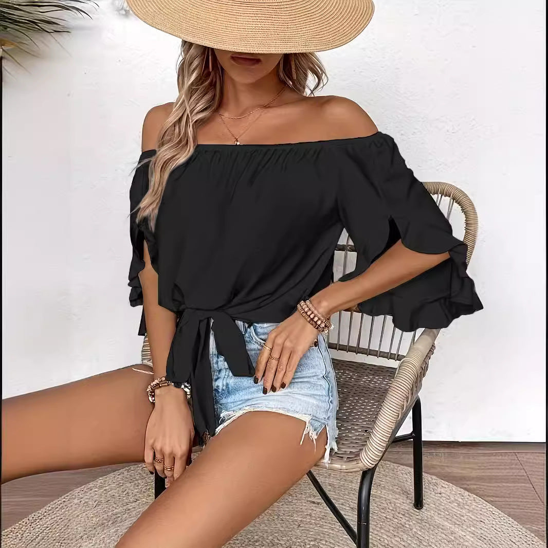 Damen Off-Shoulder-Bluse mit Rüschendetails und Taillenbindung R&B