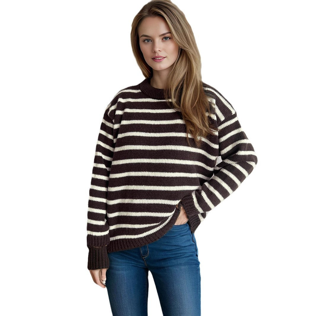 Damen lässiger Strickpullover mit breiten Streifen und lockerer Passform R&B
