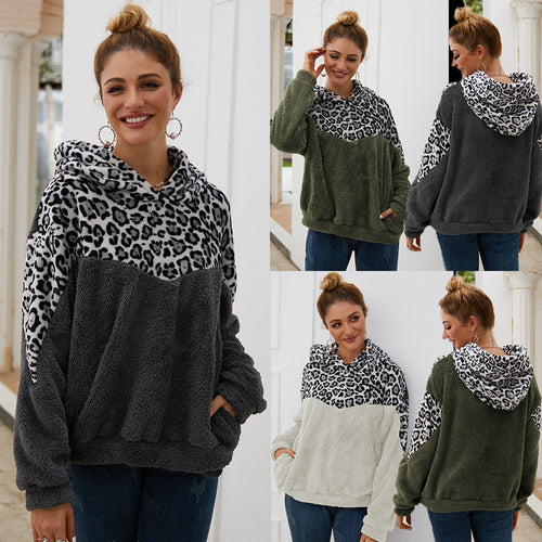 Damen Gemütlicher Teddy-Pullover mit Kapuze und Leopardenmuster R&B