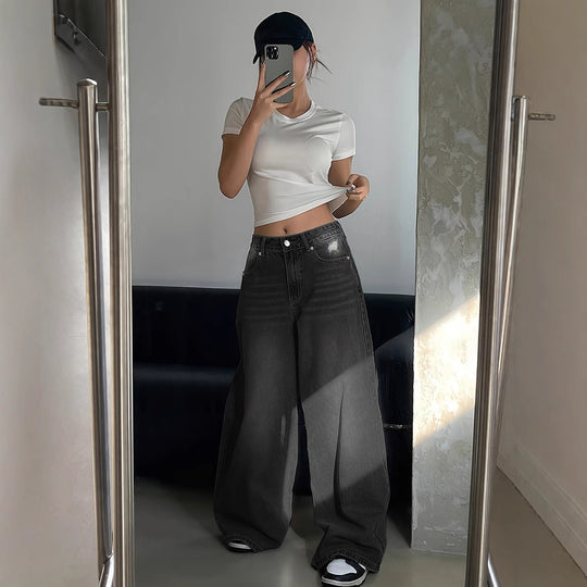 Damen Weite Denim-Hose mit hohem Bund und bequemer Passform R&B