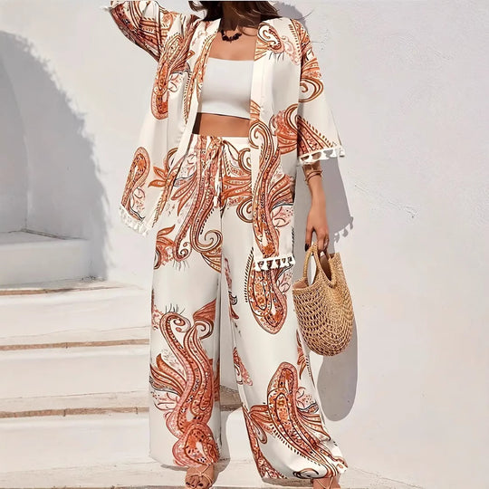 Damen Elegante Kombination aus Kimono und Hose mit kunstvollem Druck R&B