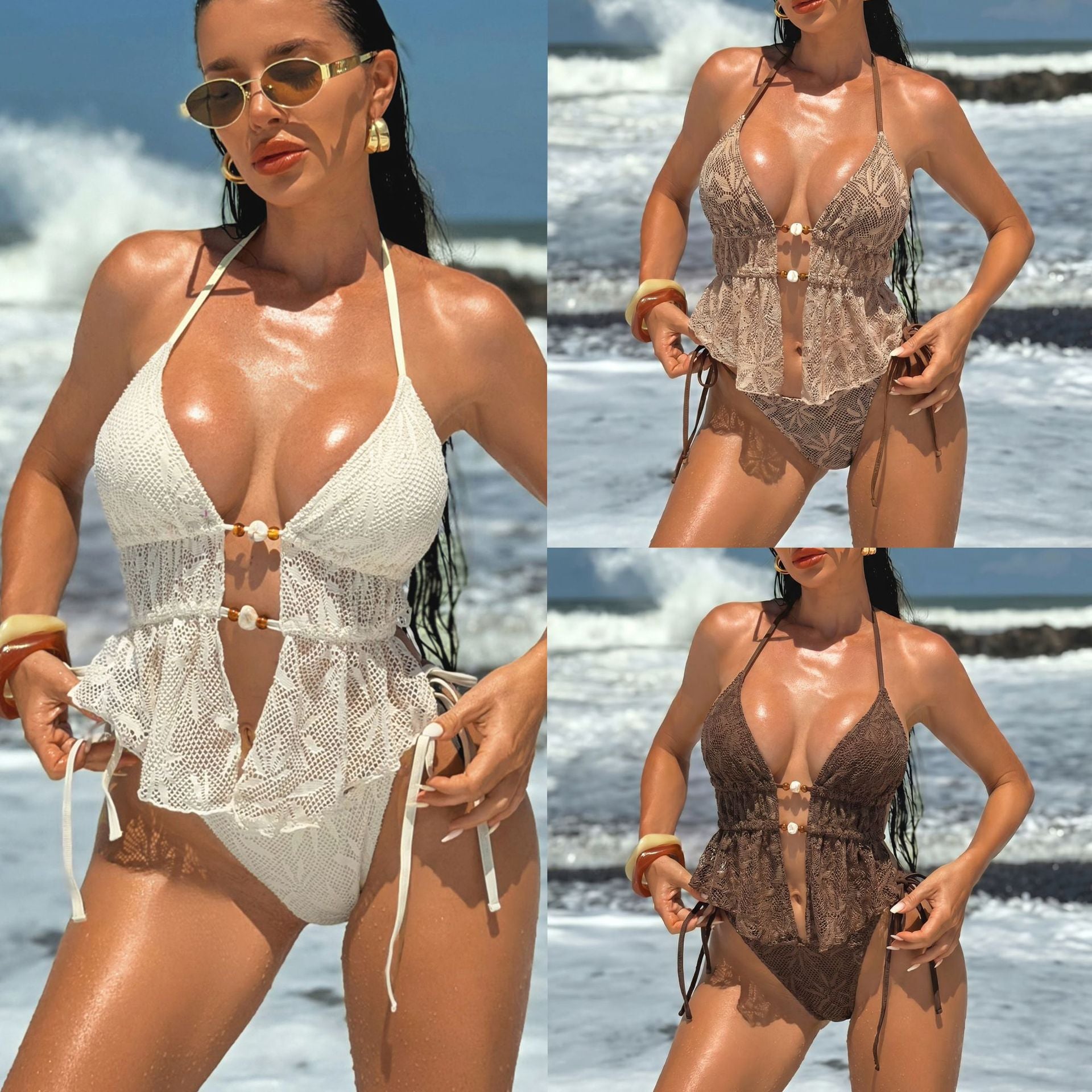 Damen Häkel-Bikini mit Rüschen und eleganter Schnürung R&B