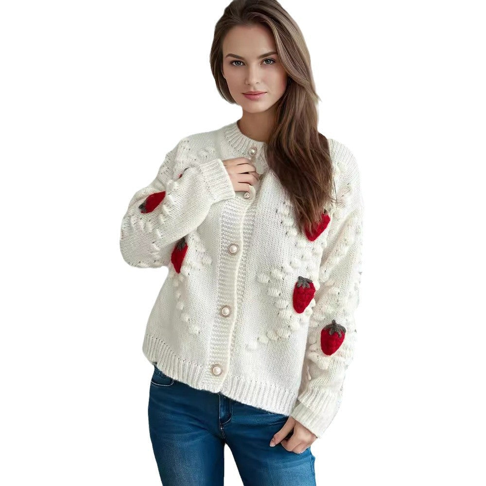 Damen Strickjacke mit verspieltem Erdbeermotiv und Knopfdetails R&B