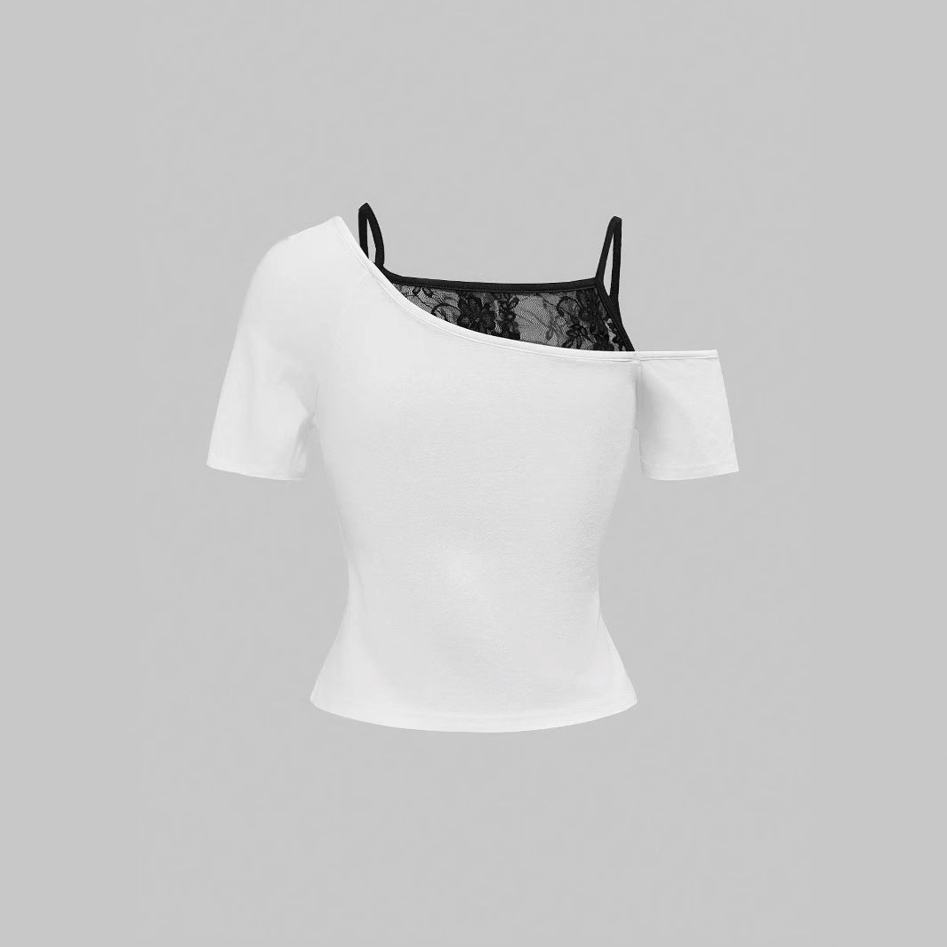 Damen Raffiniertes grafisches T-Shirt mit Spitzenunterlayer R&B