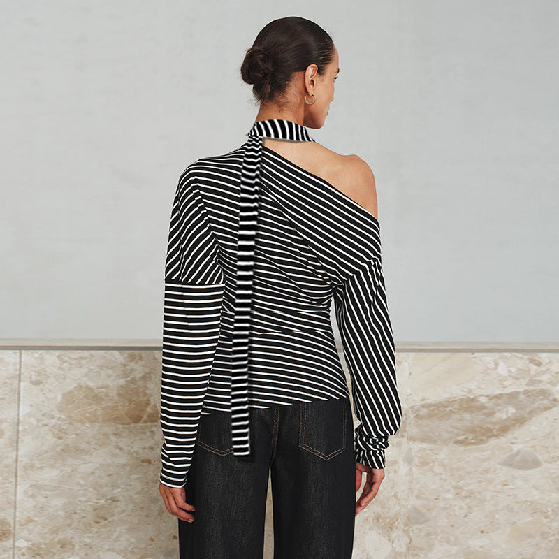 Damen asymmetrisches Langarmshirt mit modischen Streifen und Neckholder EB