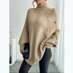 Damen Eleganter Strickponcho mit Rollkragen und Zopfmuster