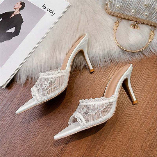 Damen elegante Mules mit Spitze und feiner Spitze R&B