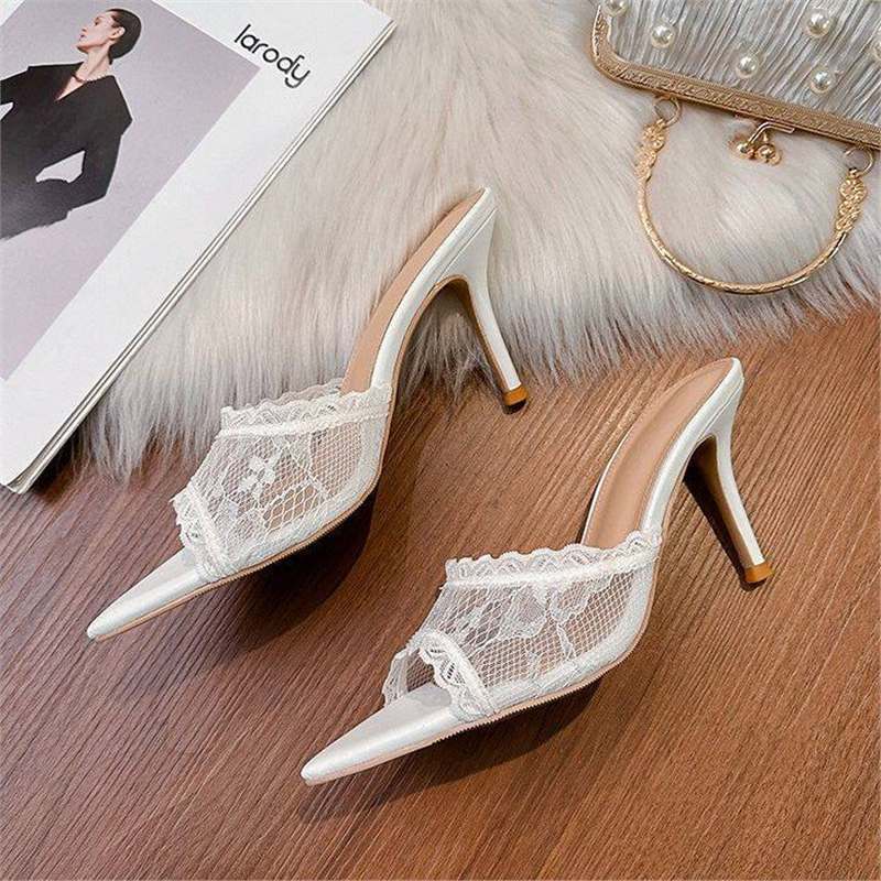 Damen elegante Mules mit Spitze und feiner Spitze R&B