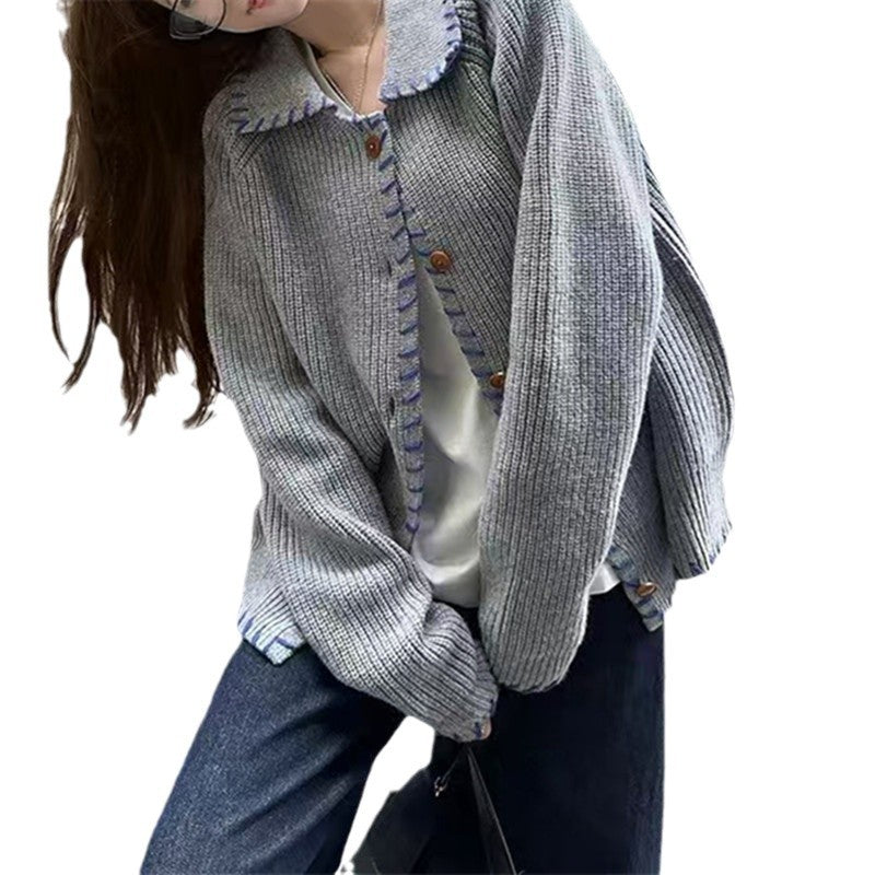 Damen Bequemer Strickcardigan mit kontrastierenden Knopfdetails und großem Kragen R&B